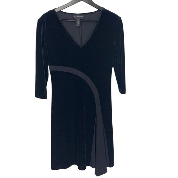 Vintage Dresses & Skirts - Vintage 90s Connected Long Sleeve Velvet Fit Flare V Neck Dress 4P